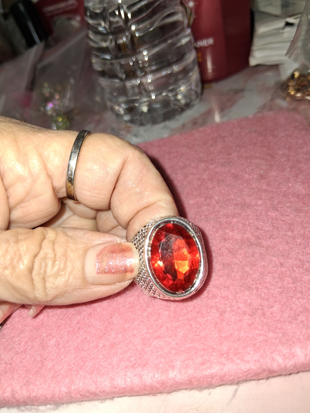 Source Unknown Silver-Tone Ring with Bright Red Oval Stone